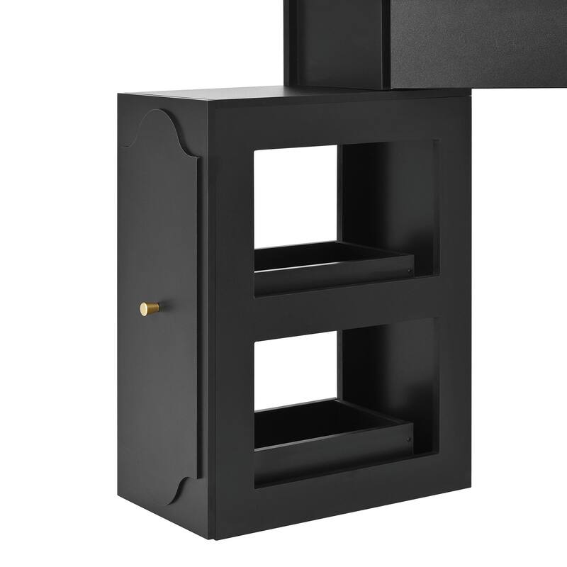Triangle Makeup Desk with Removable Pull-Out Side Cabinet, Glass Tabletop Makeup Vanity with Drawer and Shelf