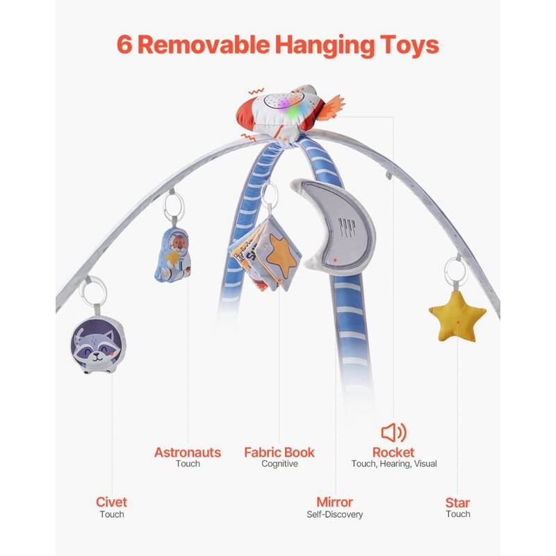 Space-Themed Baby Play Gym Mat with 6 Sensory Toys for Infant Tummy Time Crawling and Sitting