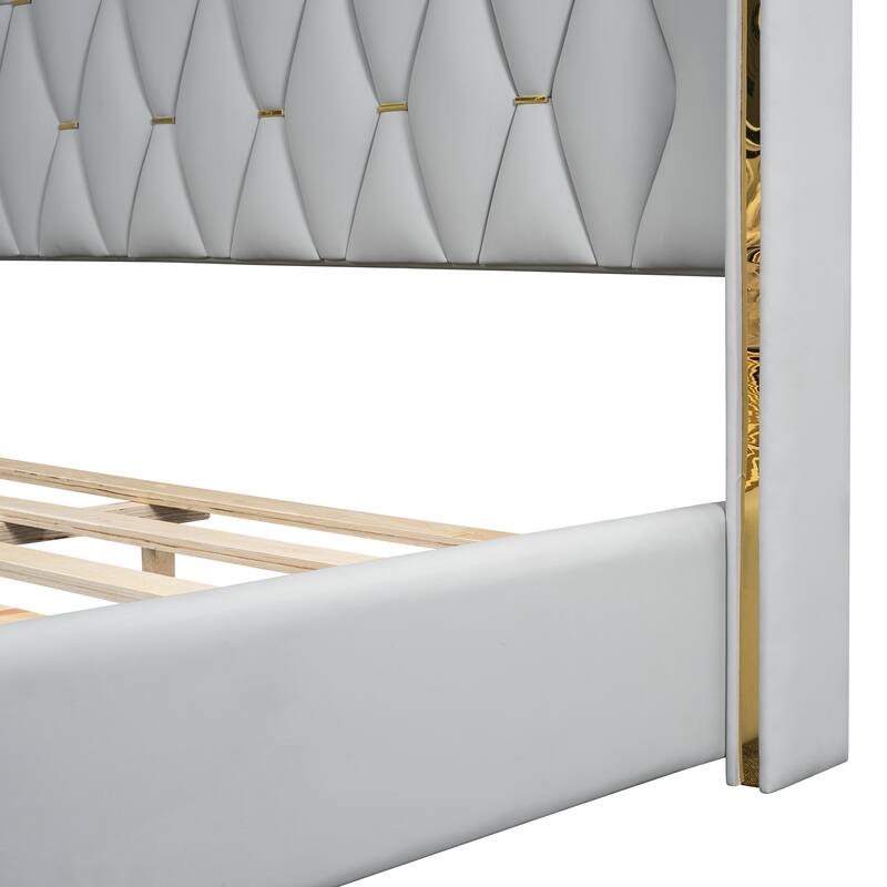 Full Size PU Upholstered Platform Bed with Metal Strips, Modern Design, and Sturdy MDF Frame - Easy Assembly Included