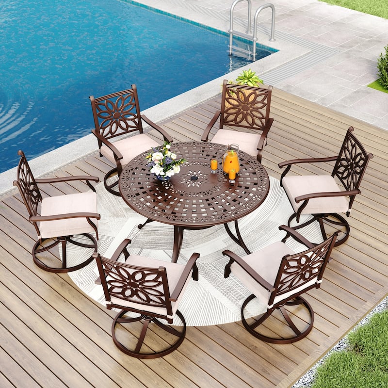 MAISON ARTS 7-Piece Cast Aluminum Patio Dining Set with Round Dining Table & 6 Dining Chairs - Swivel Chairs