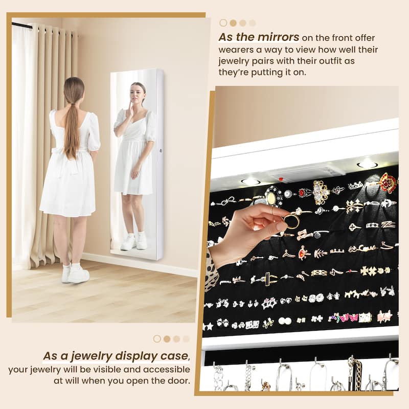 LED Lights Wall and Door Mounted Jewelry Storage Lockable Cabinet with Full Length Mirror - 14" x 4" x 54.5" (L x W x H)