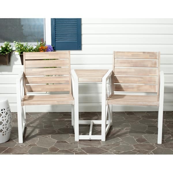 slide 2 of 5, SAFAVIEH Outdoor Jovanna White and Oak Bench - 61.8" x 27.6" x 33.5"