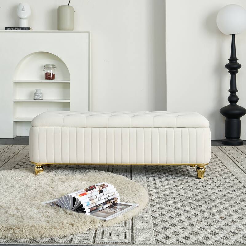 Beige Storage Bench Ottoman Bench with Safety Hinge, Footstool End of Bed Bench Vanity Bench Lounge Bench