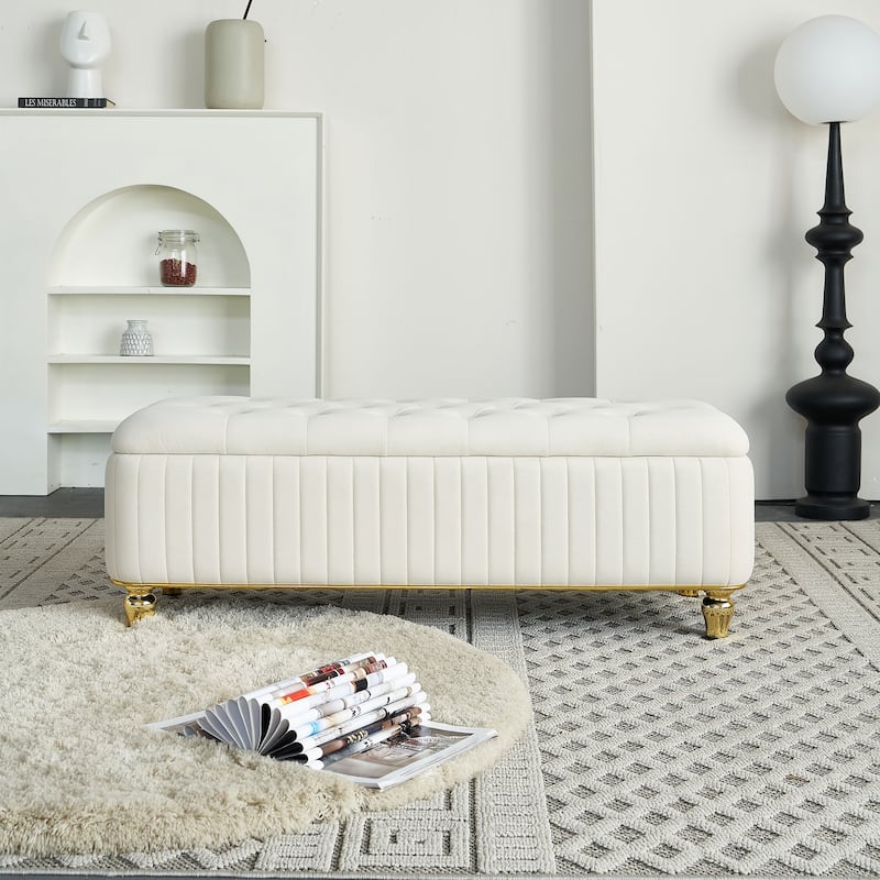 Upholstered Velvet Fabric Storage Ottoman with Safety Hinge