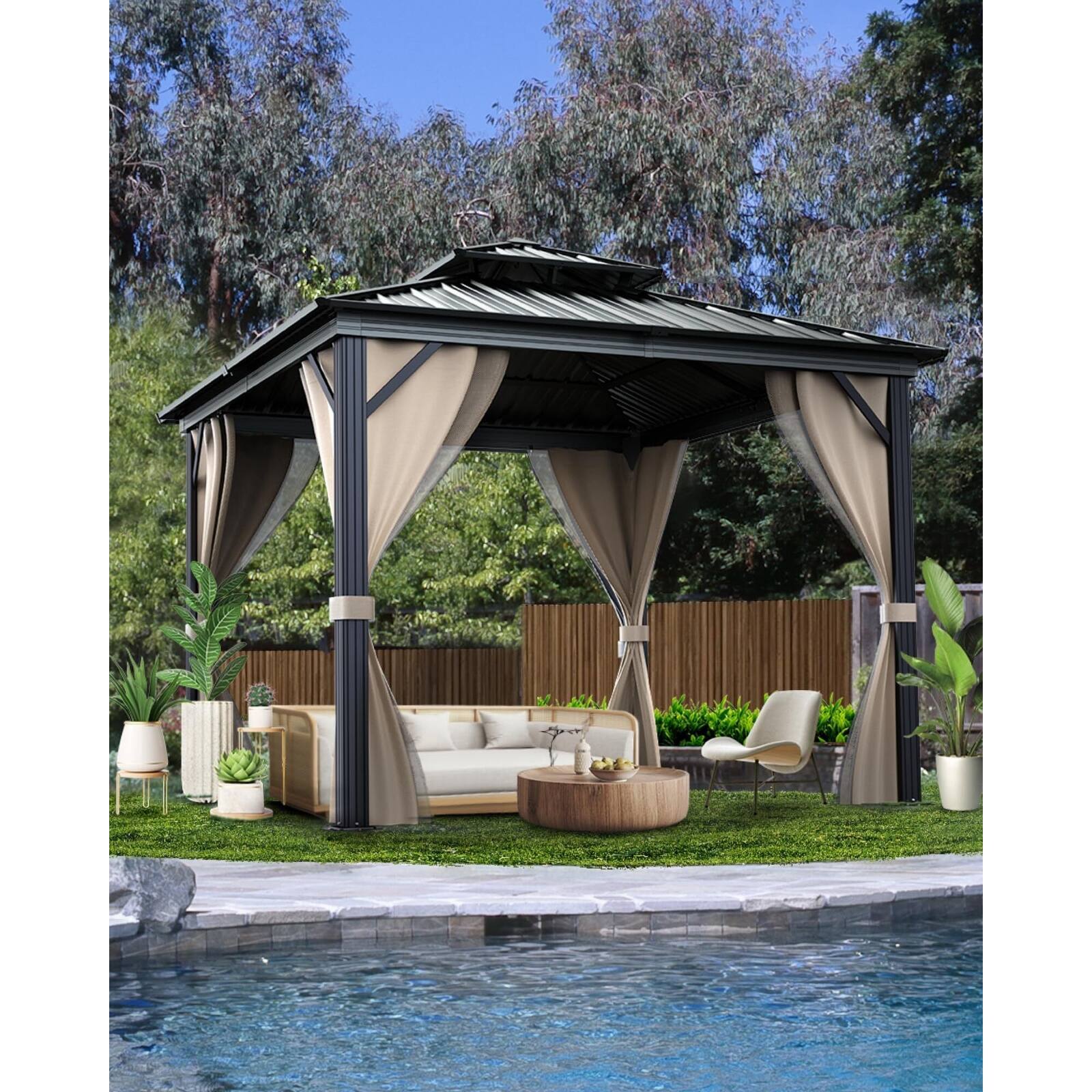 10x10 Ft Hardtop Gazebos with Heavy Duty Double Roof On Sale Bed