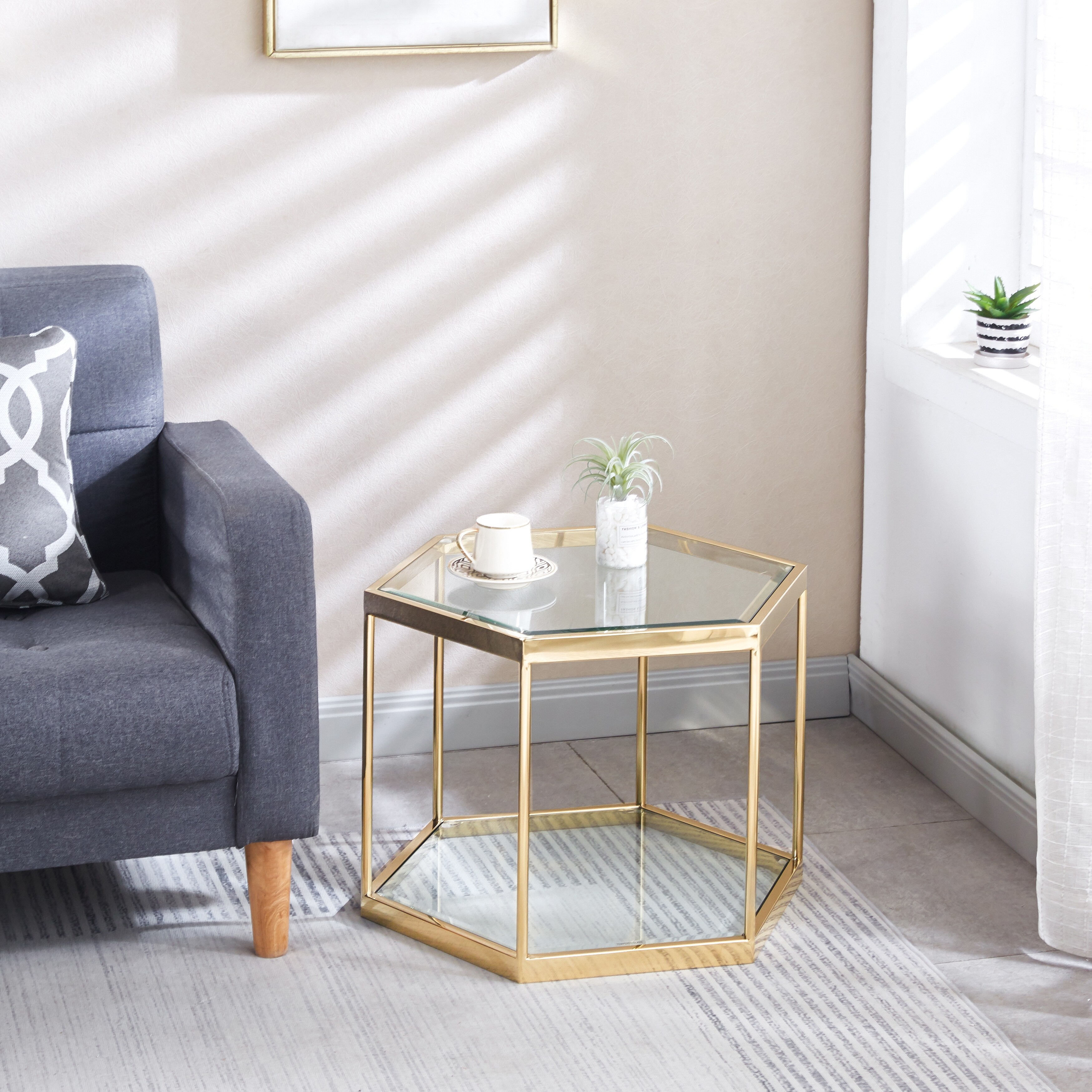 Modern Hexagon Glass Coffee Table with Stainless Steel Frame