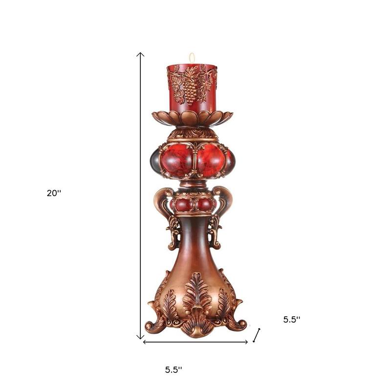 HomeRoots 20" Brown and Red Faux Marble Tabletop Candle Holder and Candle - 8