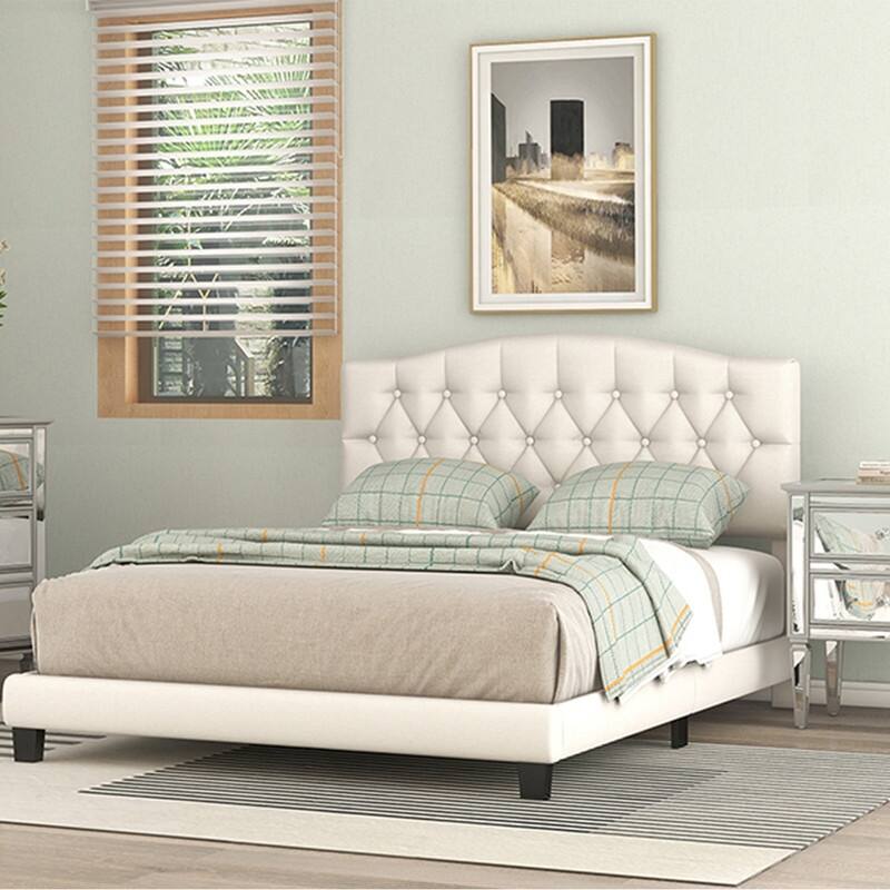Upholstered Platform Bed with Saddle Curved Headboard and Diamond Tufted Details, Queen, Beige - Beige