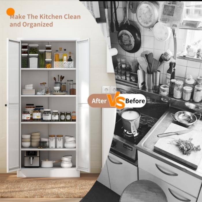 61" Heavy Duty Metal Pantry Cabinet, Freestanding Kitchen Storage with 4 Adjustable Shelves (110lb Capacity)