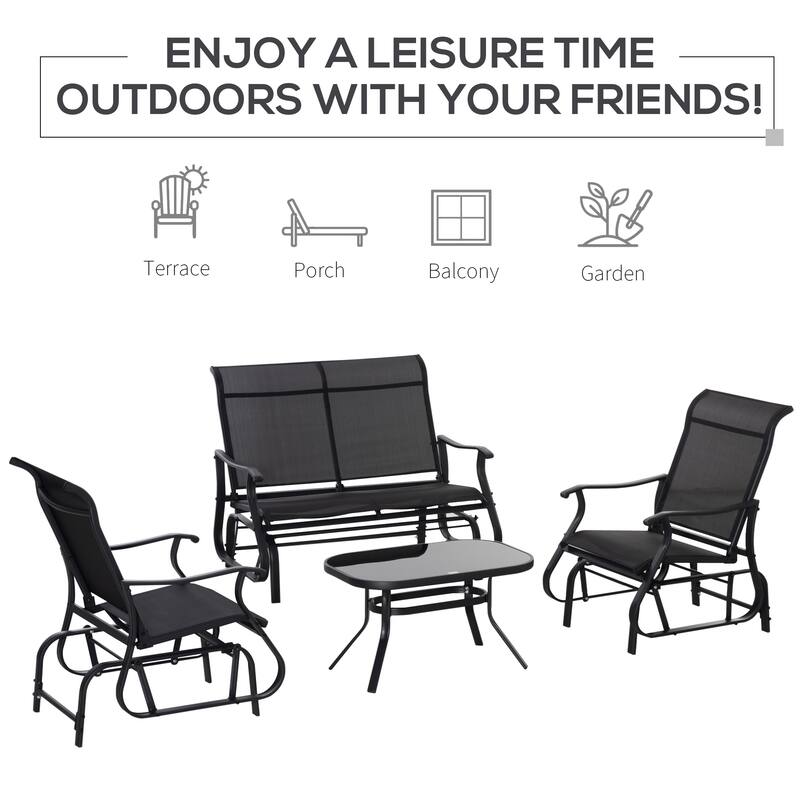Outsunny 4 Pieces Gliders Set, Outdoor Furniture Sets with 2-Person Glider Patio Bench, Single Sling Chair and Coffee Table
