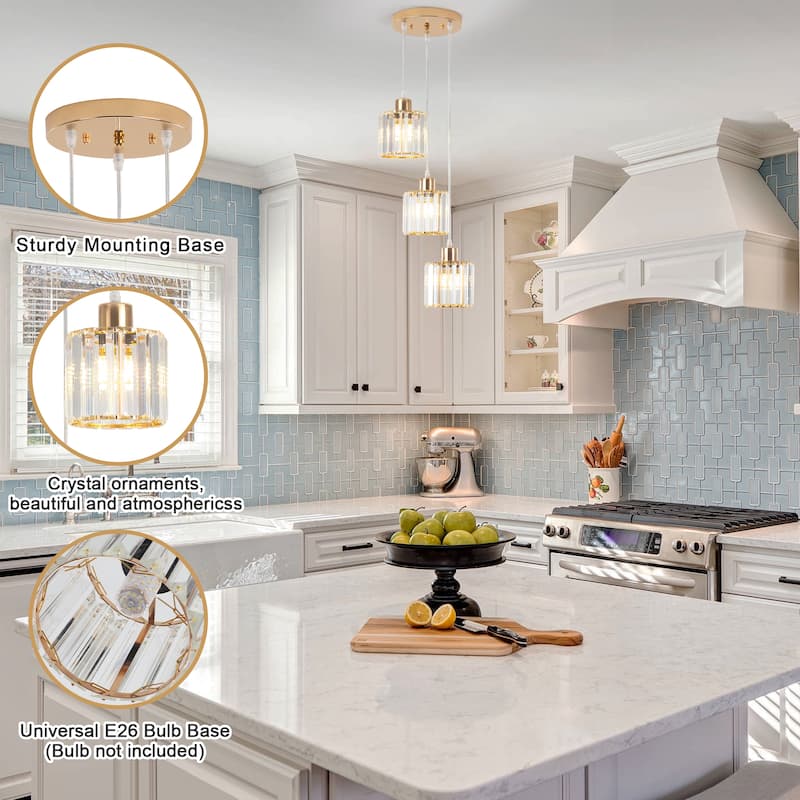 3-Light Modern Metal Hanging Pendant Light Ceiling Light Chandelier with Crystal Cover for Kitchen Island