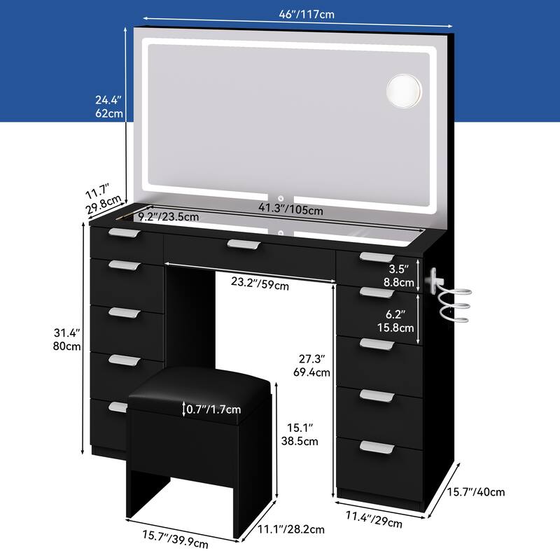 Moasis 55.8'' Black Makeup Vanity Table 11 Drawers Vanity Desk Set