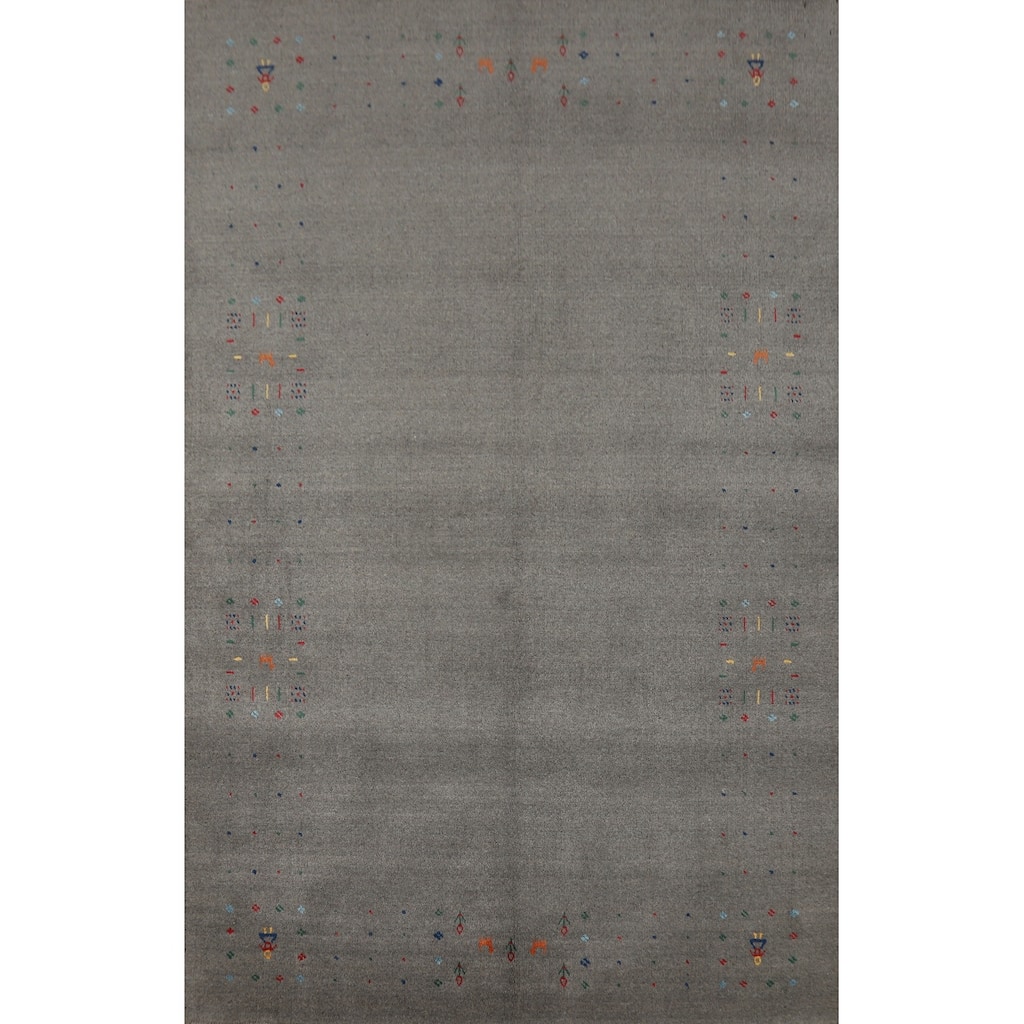 Hand Knotted Oriental 100% Wool Carpet Tribal Animal Pictorial Greys & Charcoal Gabbeh Area Rug - 8' 2'' X 5' 0''