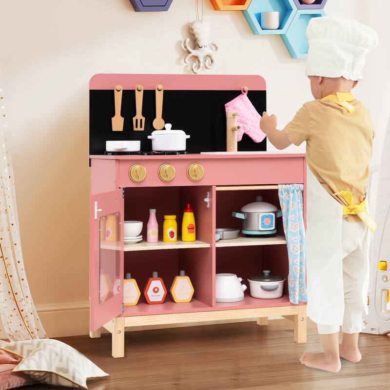 Gymax Play Kitchen for Kids w/ Door Curtain Stoves Sink & Oven