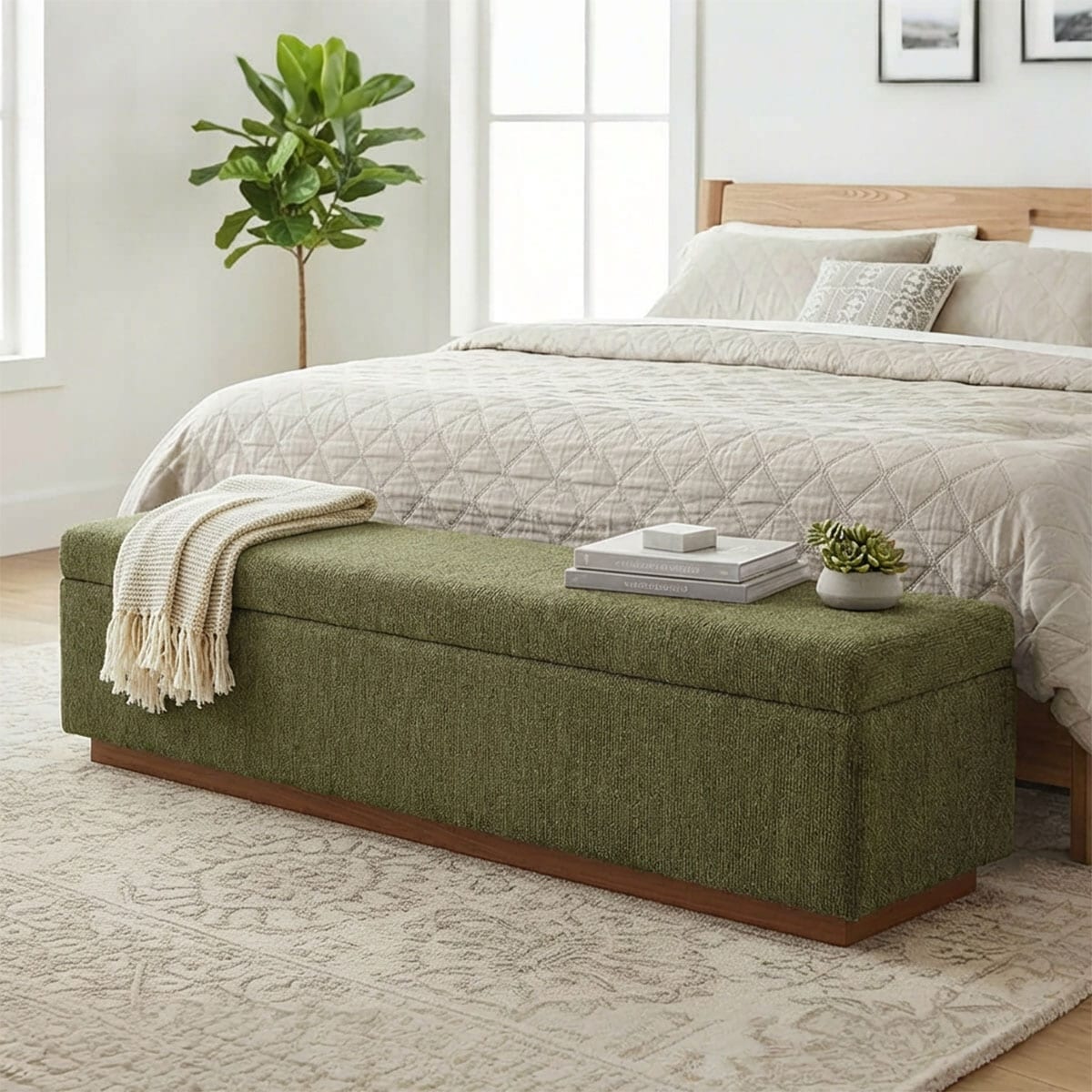 Modern 60" Chenille Weave Upholstered Storage Bench