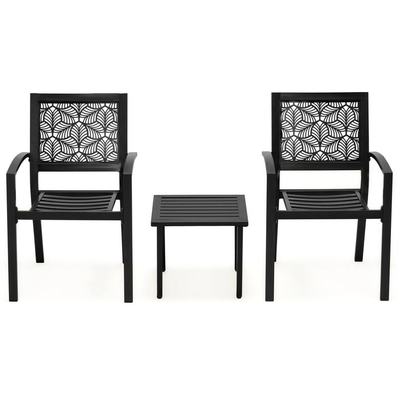 Outdoor Patio Set, Weatherproof Iron Bistro Table & Chairs, Floral Back Design, Space-Saving（Green/ Blue/ Yellow/ Black）