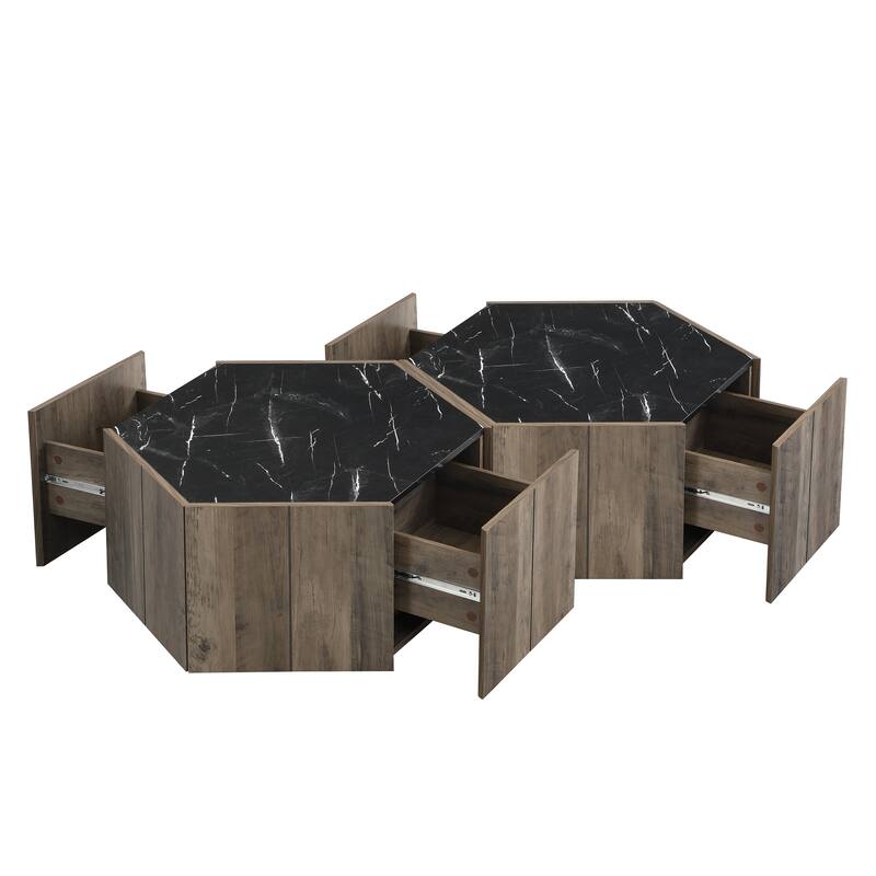 Roomfitters Hexagonal Retro Coffee Table with 2 Hidden Storage Nooks, Black Marble Pattern Top
