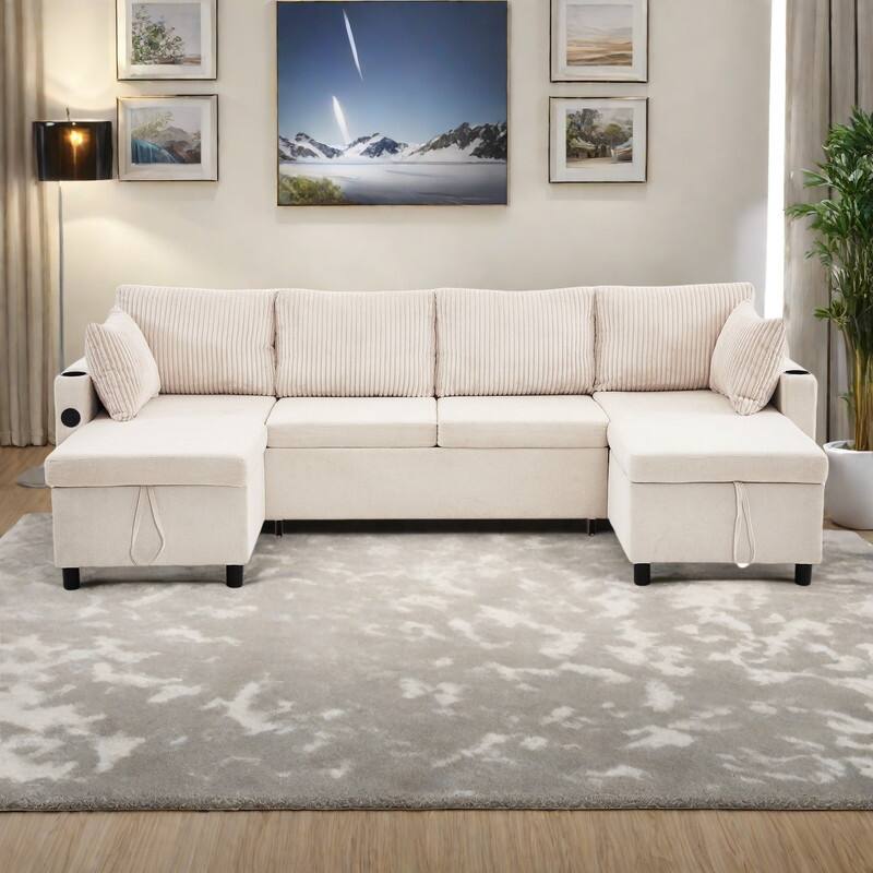 111.8" Chenille Sectional Sleeper Sofa U-Shaped Convertible Sofa Bed with Storage Chaise and USB Ports - Beige