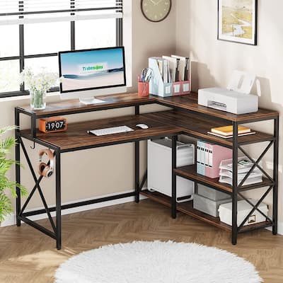 Reversible L Shaped Desk, Large Corner Desk with Shelves Monitor Stand