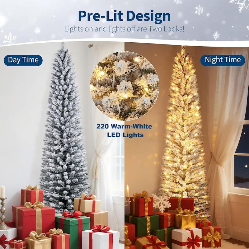 6ft Prelit Flocked Pencil Christmas Tree with Lights, Slim Artificial Xmas Tree with Snowy Branch