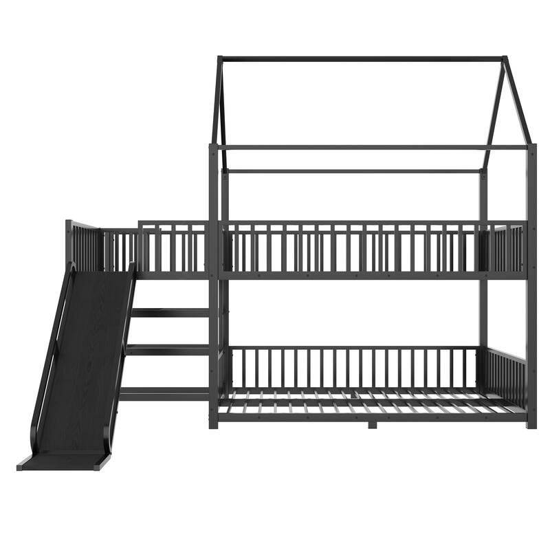 Full Metal House Bunk Bed with Storage Stairs, Slide, Safety Rails, Black