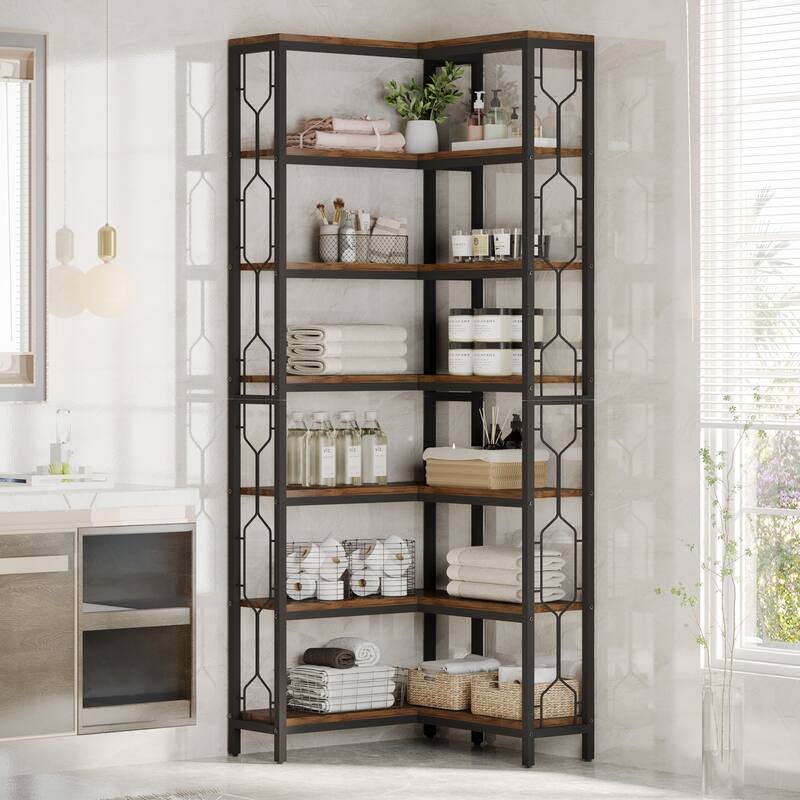 79 Inch Corner Bookshelf, 7-Tier L-shaped Bookcase, Wood and Metal Corner Display Shelf