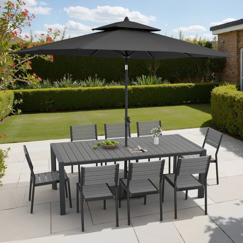 9/11-Piece Outdoor Dining Set Aluminum Table and Stackable Chairs w/10 ft Umbrella and Base - Set of 11 - Grey Table with Black Umbrella