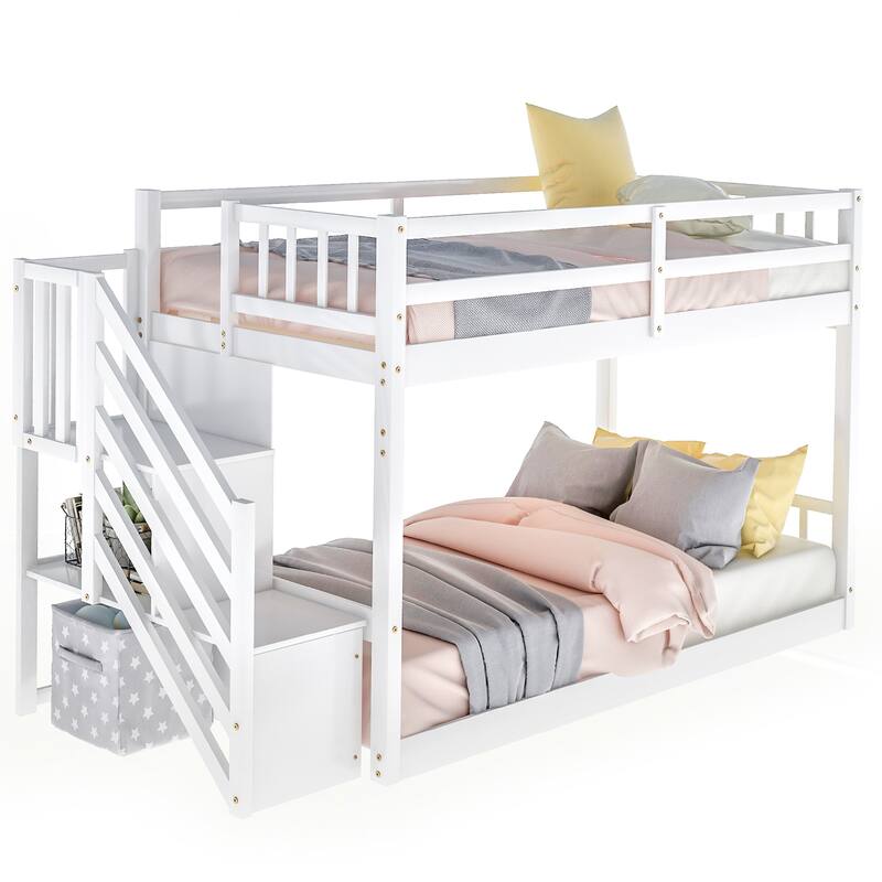 White Twin over Twin Floor Bunk Bed with Storage Ladder, Space-Saving Design for Kids Room