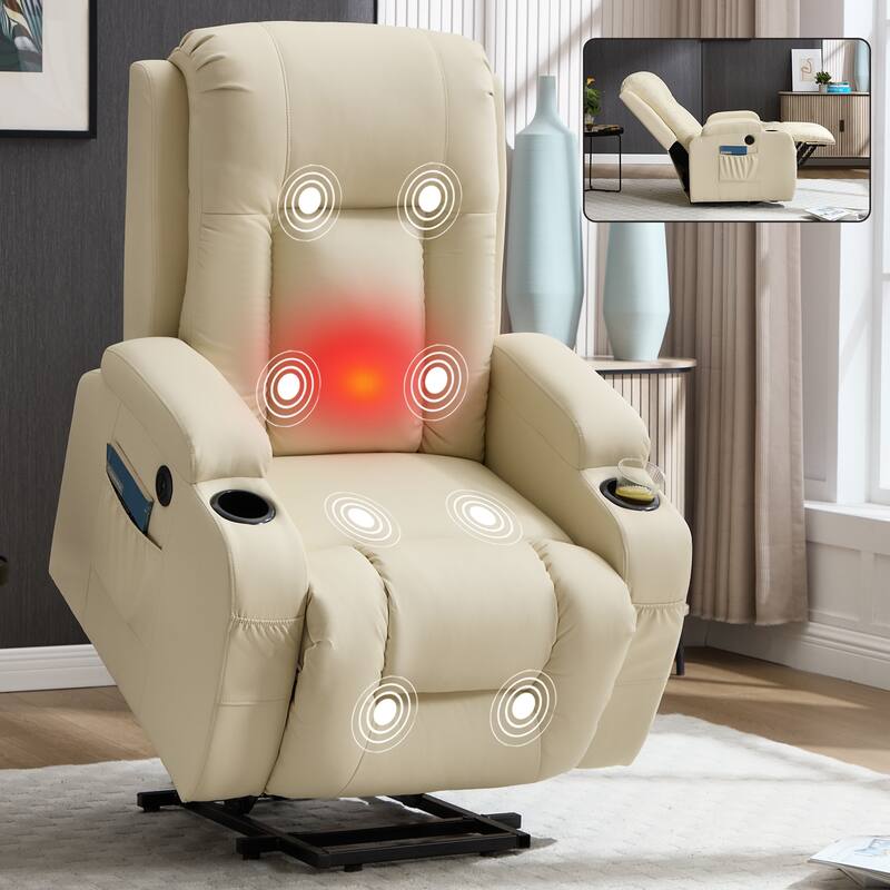 Roomfitters Heavy Duty Power Lift Recliner, PU Leather Massage Chair with Heat, USB Port and Dual Cup Holders