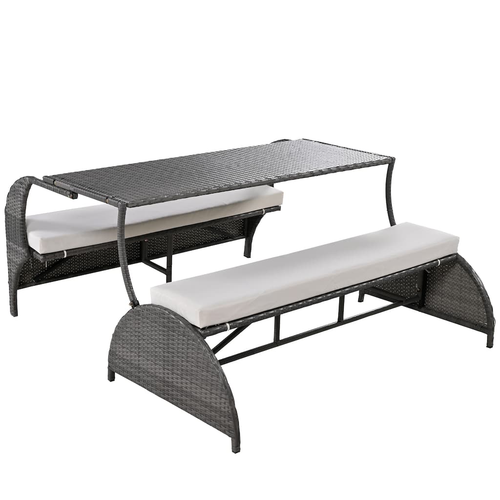 All Weather Outdoor Rattan Loveseat Sofa with Removable Cushions, Convertible to 4 Seats and Table