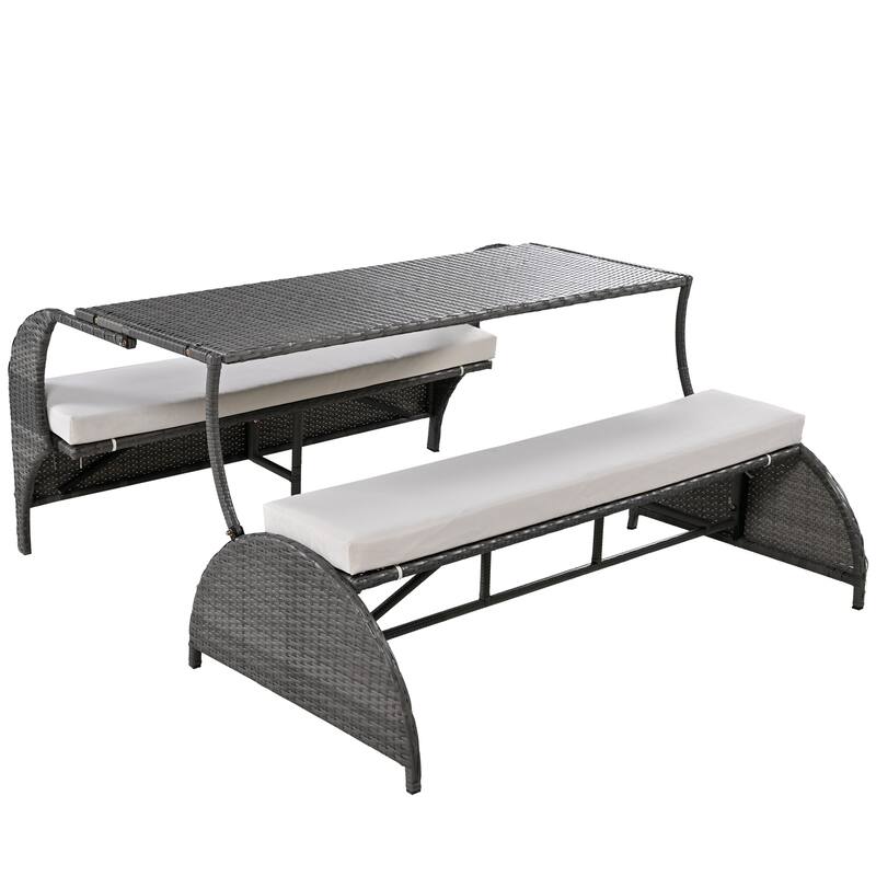 Multi-Functional Outdoor Patio Rattan Loveseat Sofa, Convertible 4-Seats Dining Set