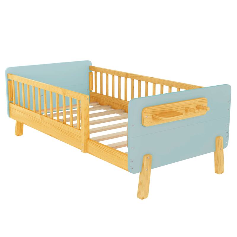 Kids Wood Platform Bed with Guardrails, Bottle Holder and 2 Hanging Rod, Convertible Toddler Daybed, Low Profile Design Frame