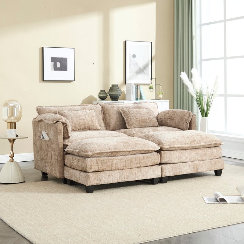 76.77" Chenille Upholstered Sofa with 2 Ottomans