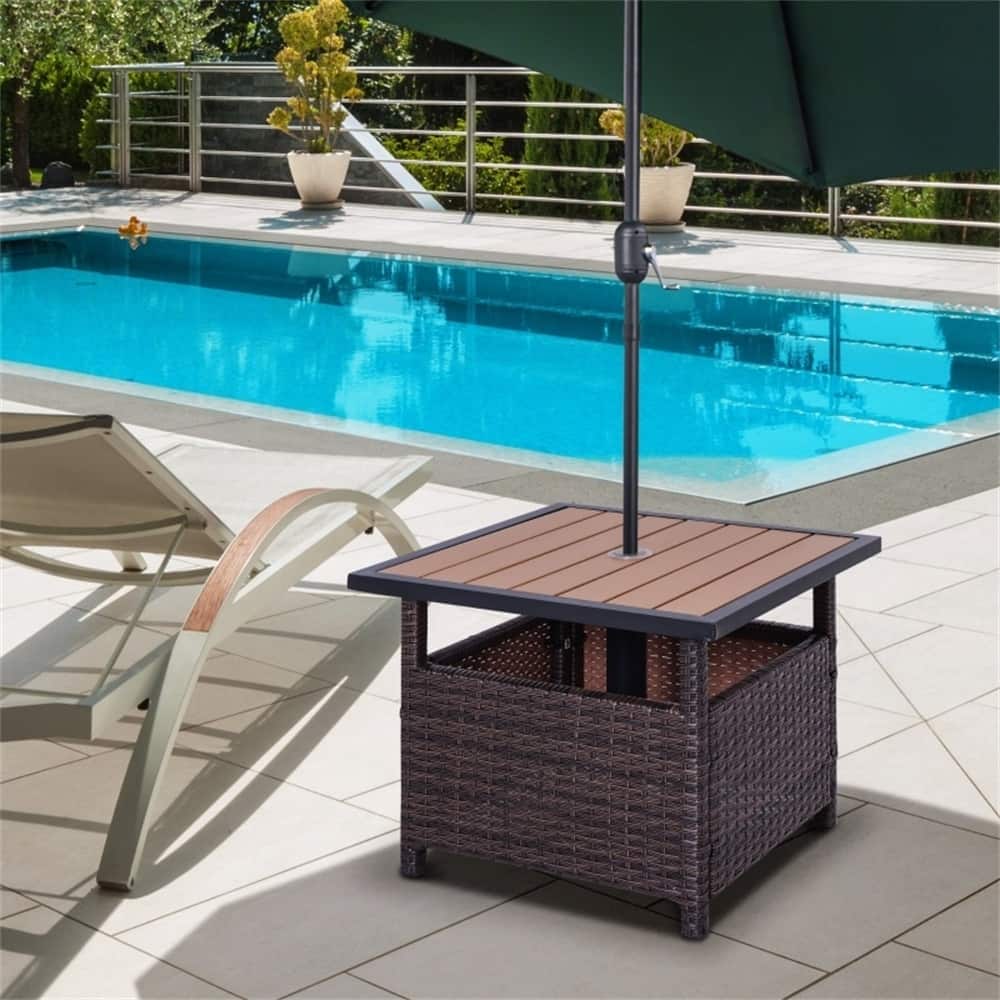 Brown Rattan PE Steel Bistro Table with Light Yellow Top and Umbrella Hole - 21.75"L x 21.75"W x 18"H