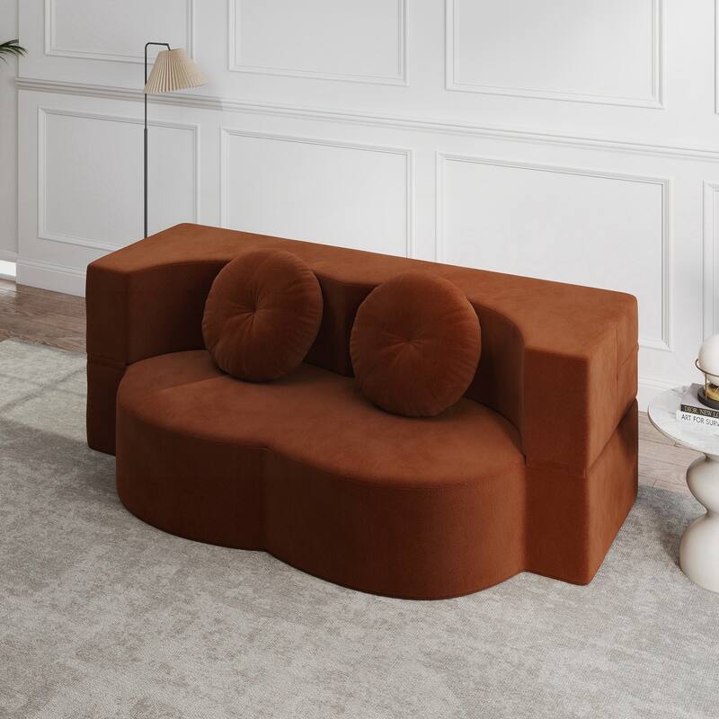 Modern Floor Sofa with 2 Pillows,Convertible Plush Corduroy Foam-Filled Sleeper Sofa Bed