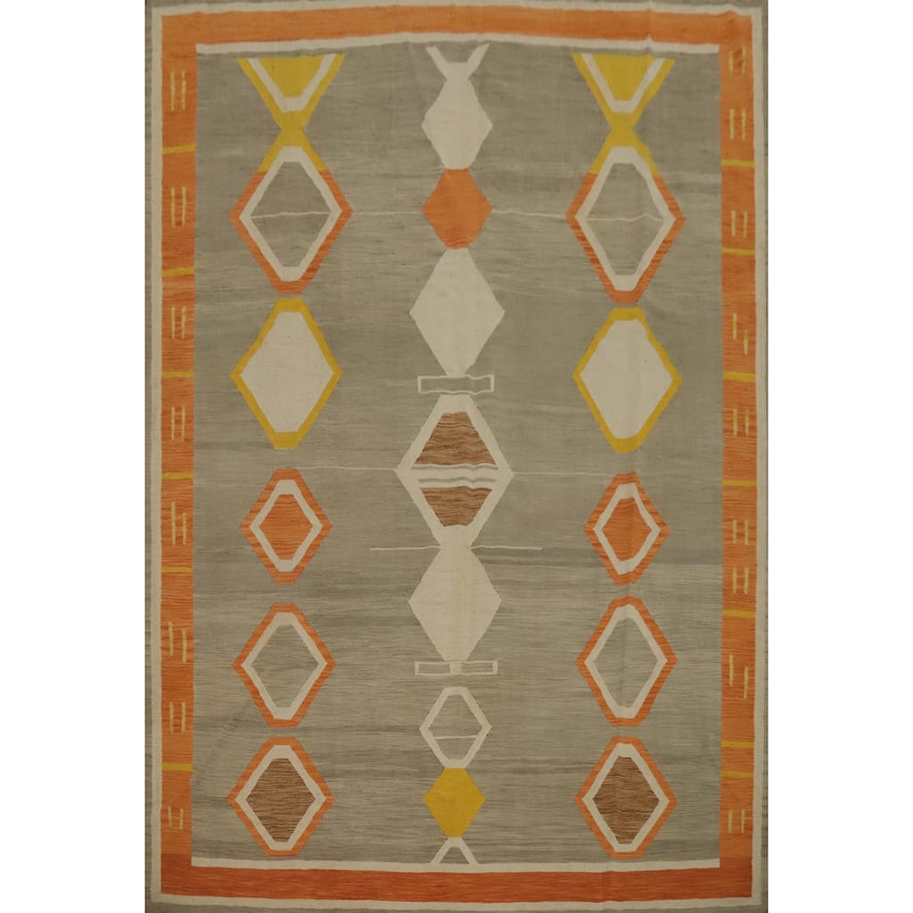 Hand Woven Oriental 100% Wool Carpet Southwestern Tribal Greys & Charcoal Kilim Area Rug - 11' 7'' X 9' 5''