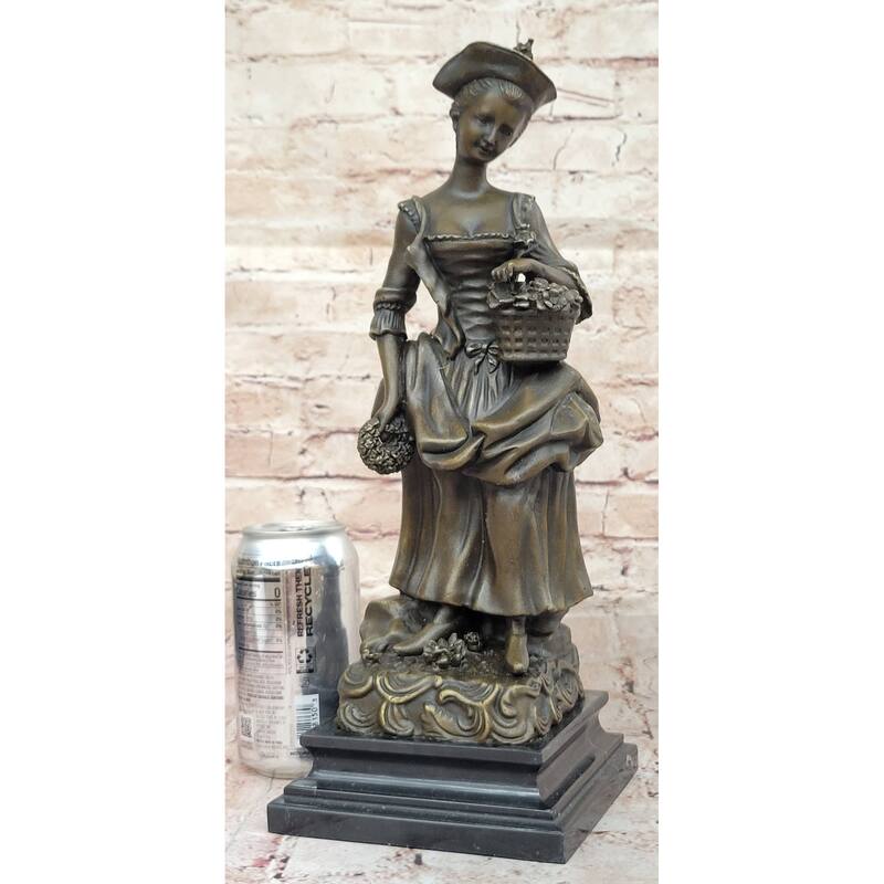 Bronze Sculpture Of Woman In Traditional Dress Holding Basket Of Flowers - Rustic Country Lady Statue