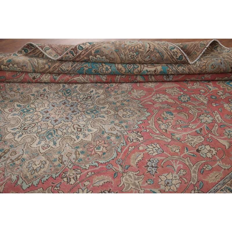 Hand Knotted Oriental 100% Wool Carpet Traditional Floral Pink Mashad Area Rug - 12' 9'' X 9' 4''