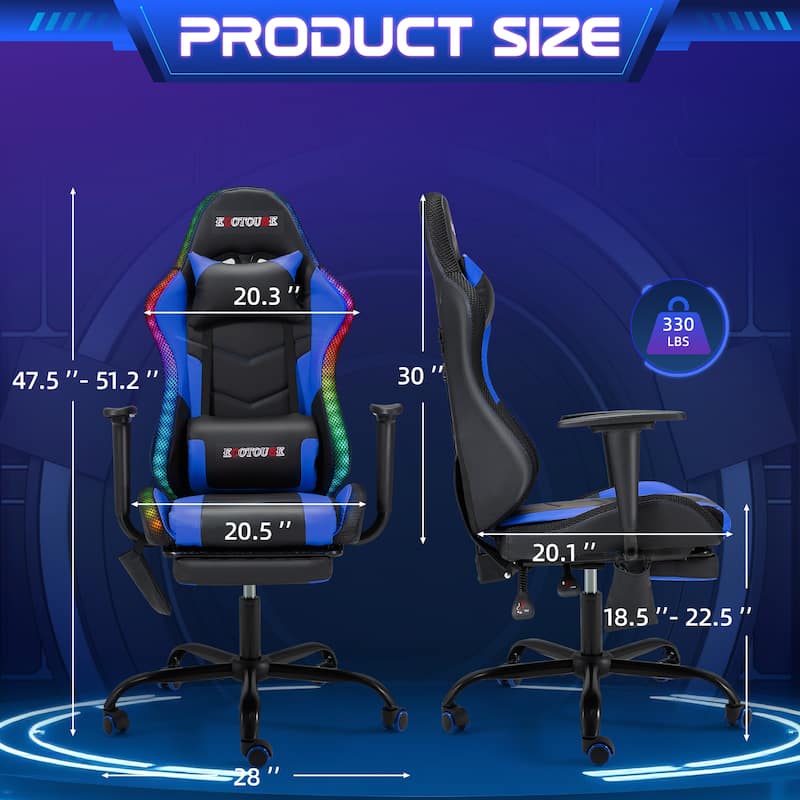 EROMMY RGB LED Gaming Chair with Massage Lumbar Support & Footrest, Ergonomic Reclining Computer Chair for Adults