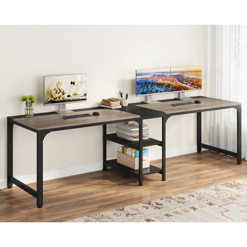 2 Person Double Computer Desk with Storage Shelves