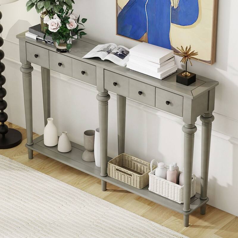 Entryway Table with 4 Drawers, Retro Console Table with Open Shelf for Entryways