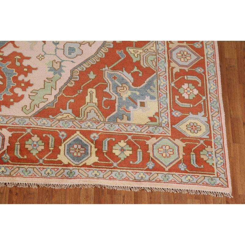 Geometric Heriz Serapi Indian Large Rug Hand-Knotted Pink Wool Carpet - 9'10" x 13'9"
