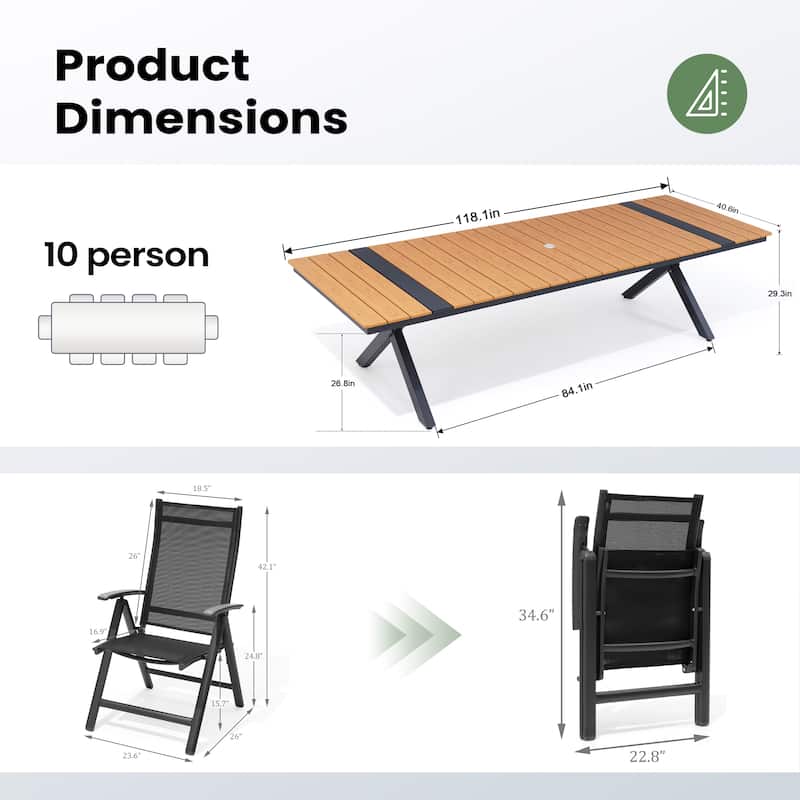 9/11PC Outdoor Patio Dining Set With Aluminum X-Frame Table Umbrella Hole Table Folding Chairs