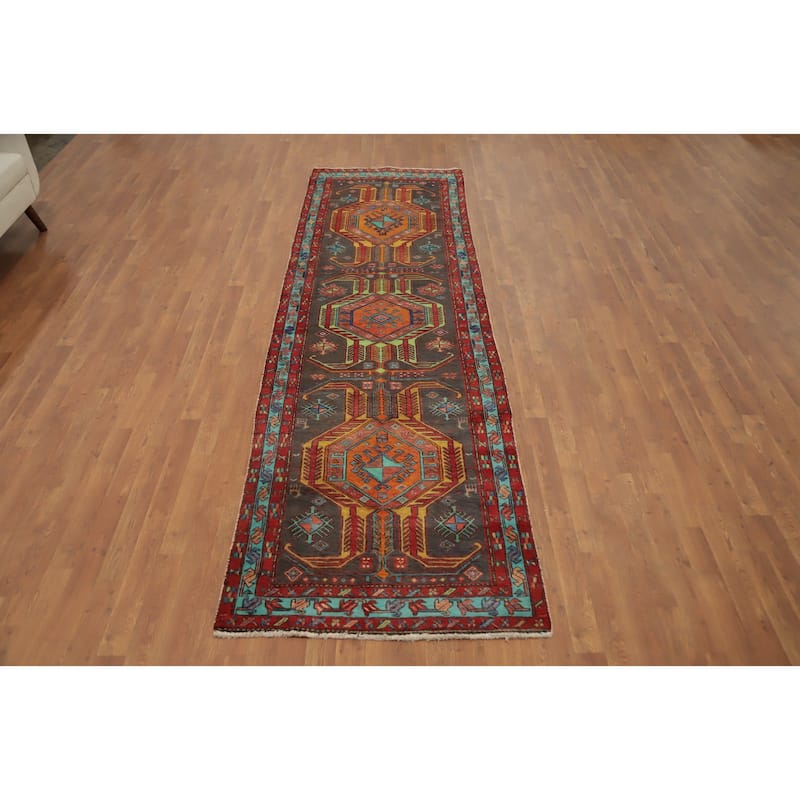 Hand Knotted Oriental 100% Wool Carpet Traditional Tribal Greys & Charcoal Ardebil Runner Rug - 11' 2'' X 3' 3''