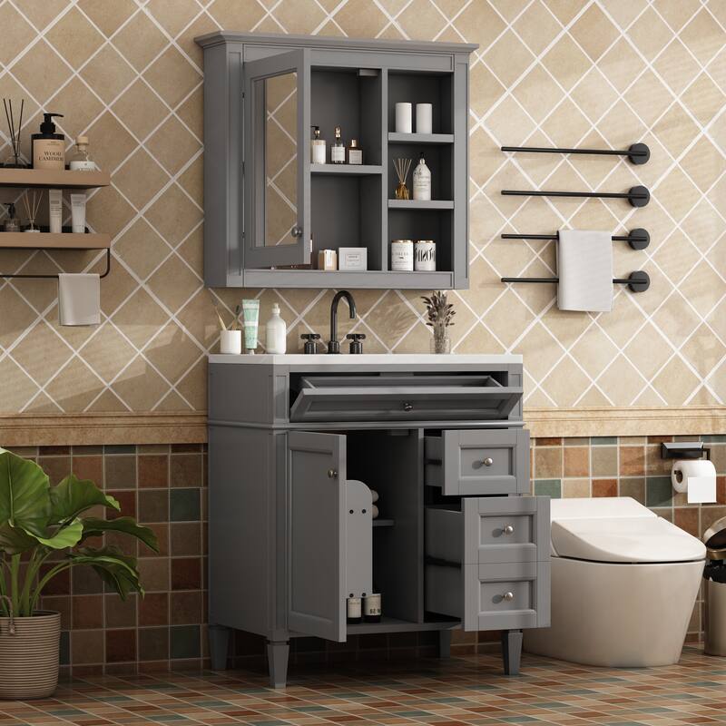 GDFStudio - Montvale Modern Freestanding Bathroom Vanity Set with Mirror Cabinet, Resin Sink & a Tip-out Drawer - 30'W