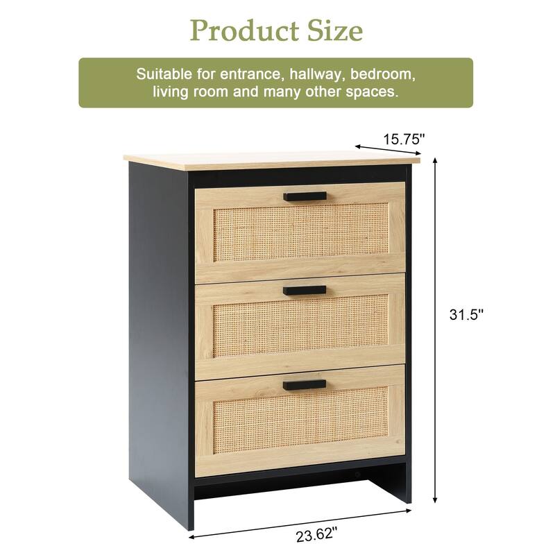Black and Brown Wood 3-Drawer Rattan Chest