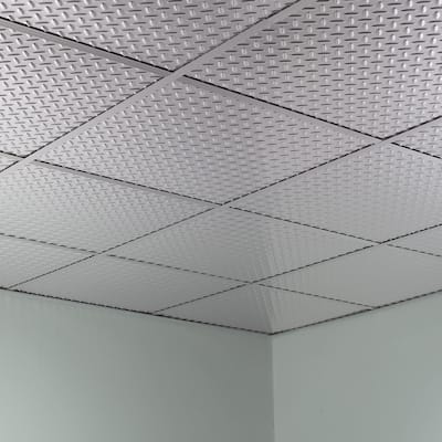 FASÄDE Diamond Plate Revealed Edge Decorative Vinyl 2ft x 2ft Lay in Ceiling Panel in Brushed Aluminum (5 Pack)
