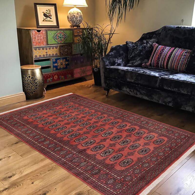 Southwestern Bokhara Desirae Pink Green Hand Knotted Rug - 4'0'' x 5'11''