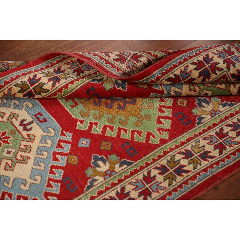 Geometric Red Kazak Oriental Rug Handmade Wool Carpet - 3'3"x 5'1"