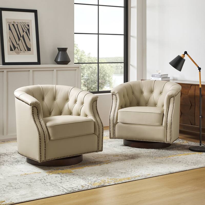 Max Traditional Chesterfield Rocker and Swivel Genuine Leather Chair with Nailhead Trims(Set of 2) - White